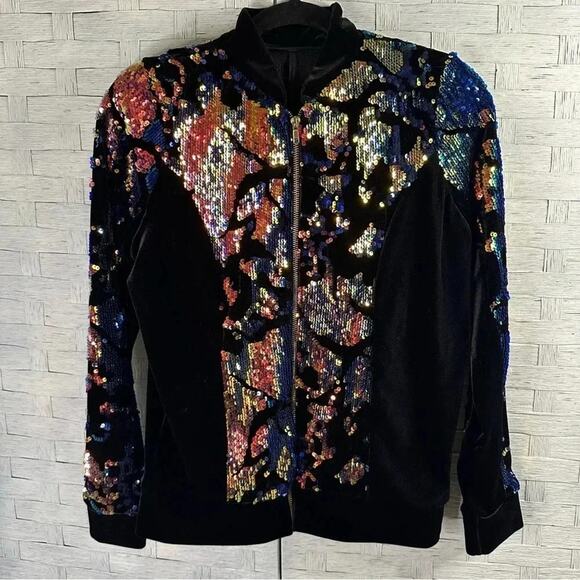 Weissman’s beautiful black sequins bomber style jacket party, colorful velveteen - Picture 1 of 9